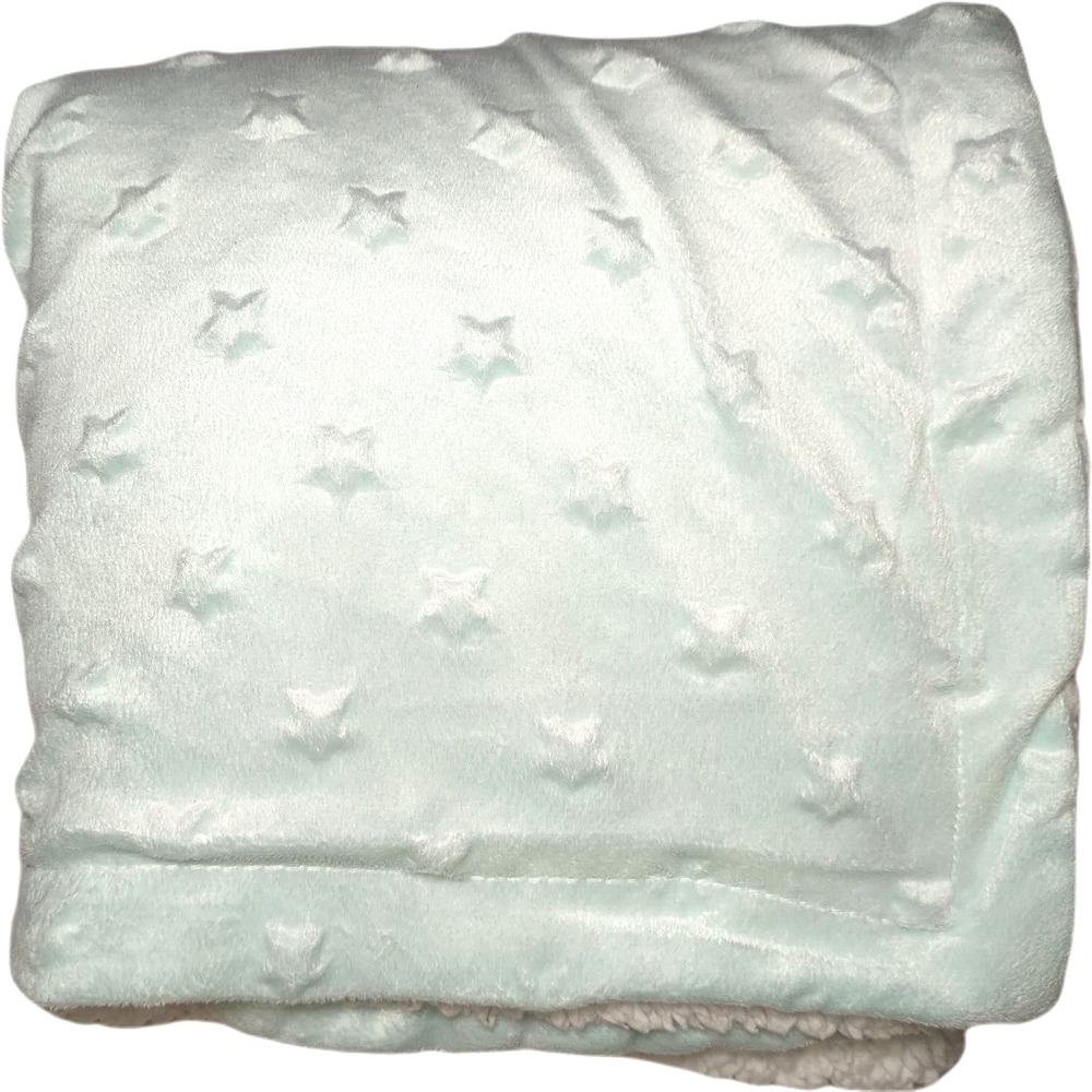 Baby Kiss Mint Green Raised Star Blanket Beige Sherpa Backside‎ SOFT 30x35 Minky